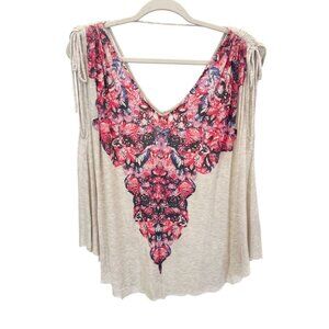 Free People Abstract Floral Draped Flowy Top Jersey Knit Oatmeal Boho Size XS